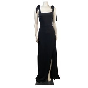 Flirty Formal Evening Dress Black Tie Shoulder Square Neck Maxi Gown Side Slit L